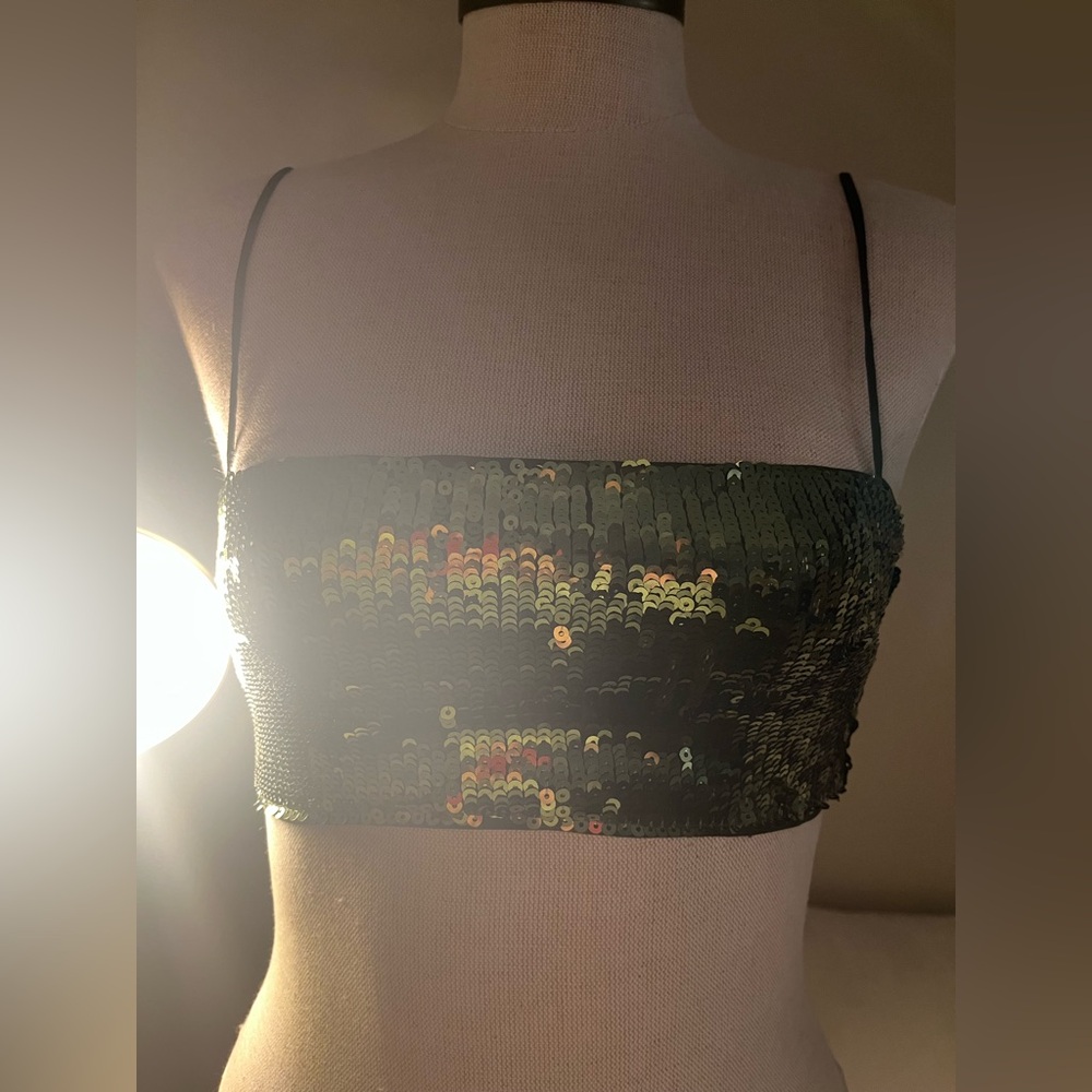 Camila Coelho Green and Gold Sequin Crop Camisole